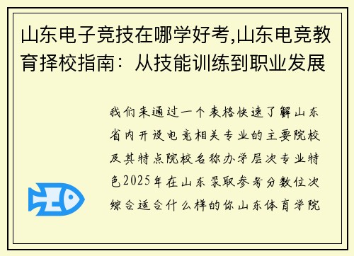 山东电子竞技在哪学好考,山东电竞教育择校指南：从技能训练到职业发展